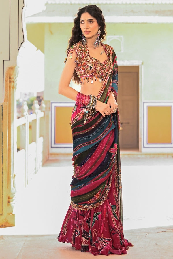 Juhi Bengani multicolour chinon printed pre-draped saree for a sangeet