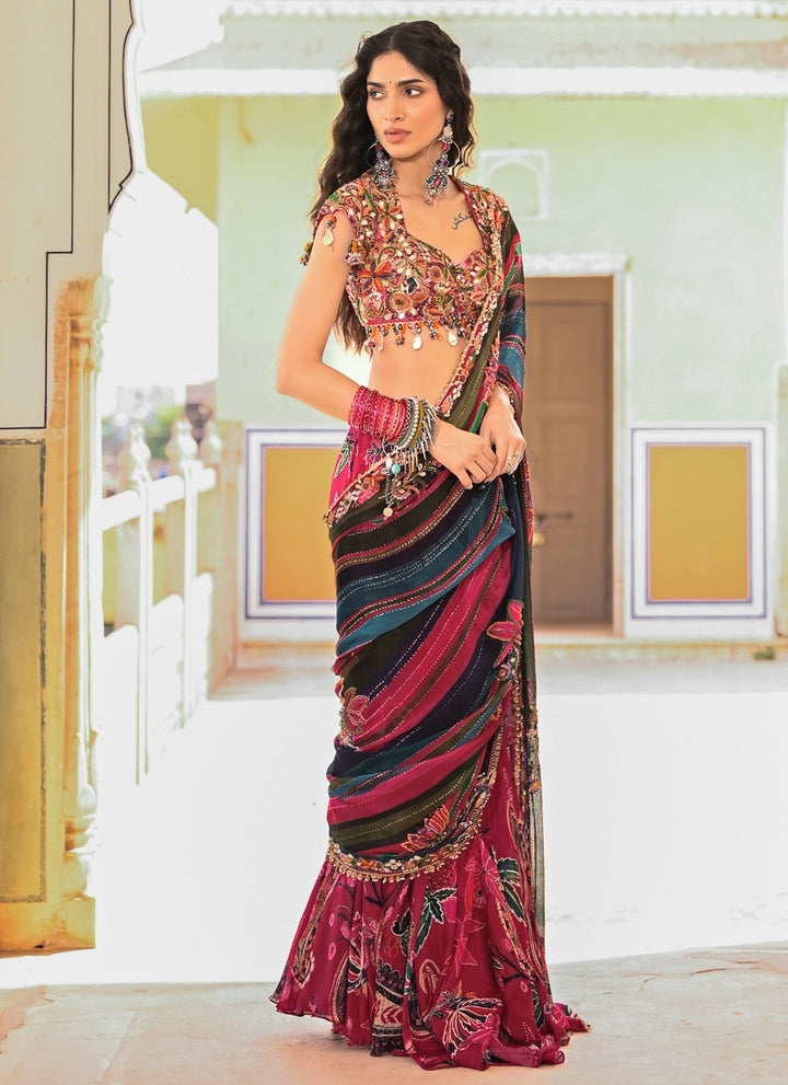 Multicolor Chinon Printed Pre-Draped Saree