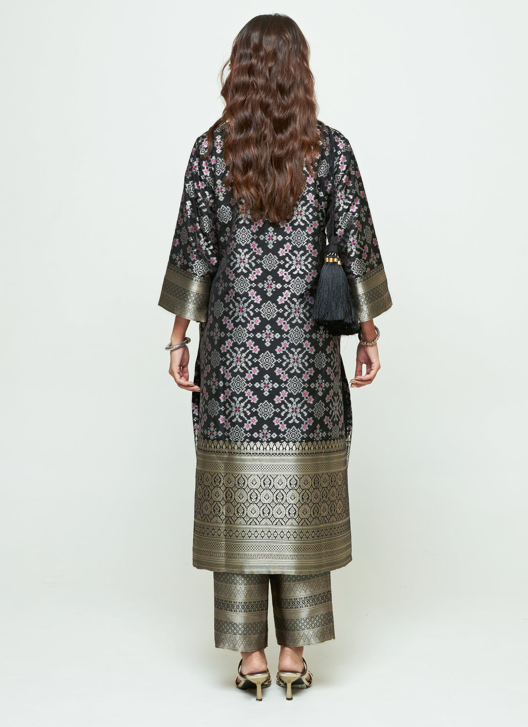 Black Brocade Silk Long Kurta Pants Set