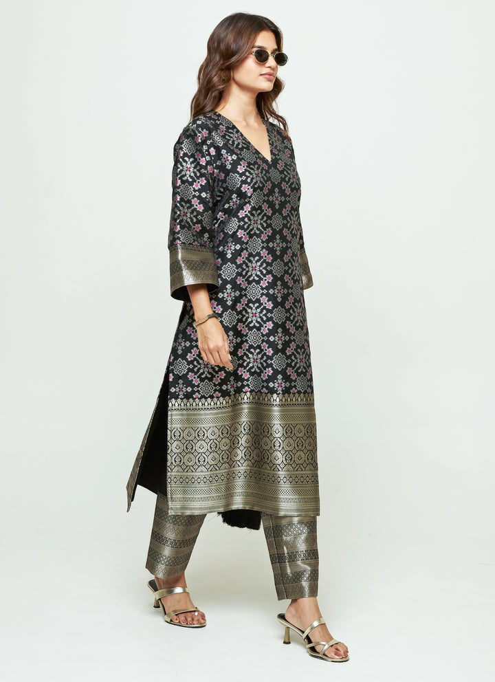 Black Brocade Silk Long Kurta Pants Set