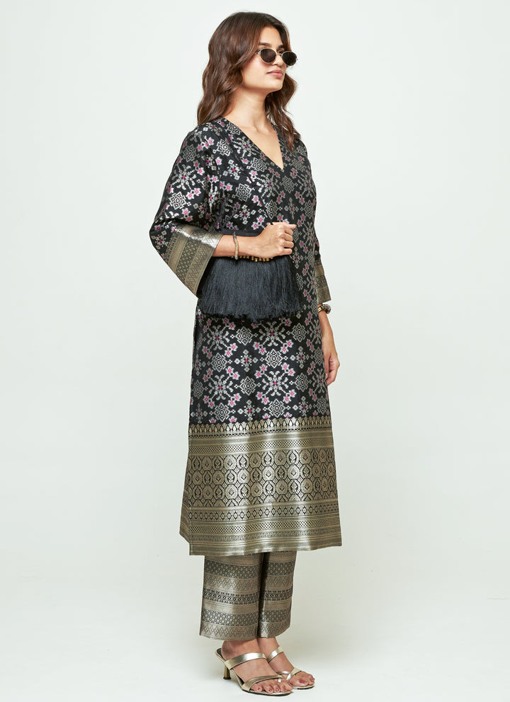 Black Brocade Silk Long Kurta Pants Set