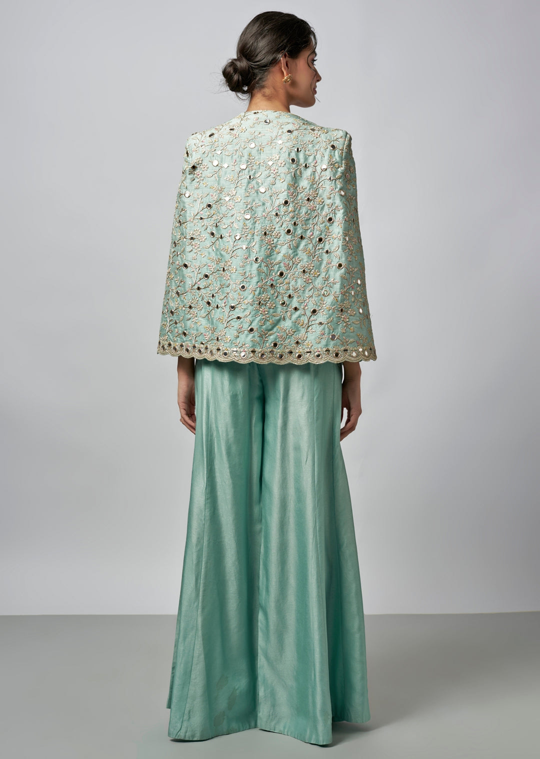 Powder Blue Tussar Blouse Sharara Set With Jacket