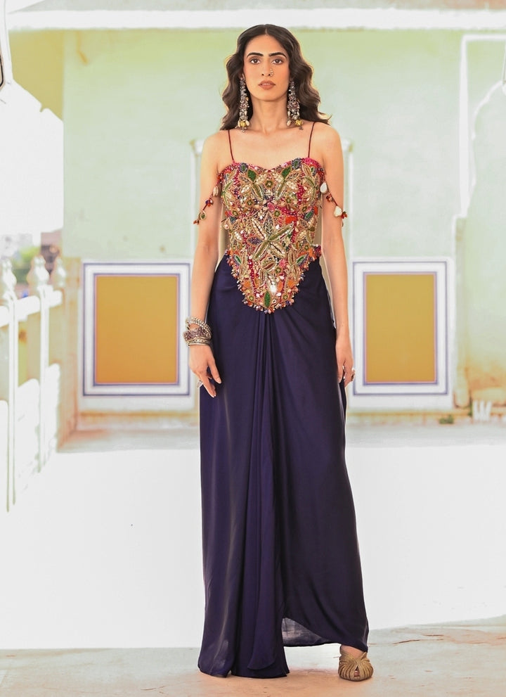 Midnight Blue Satin Cowl Skirt With Corset