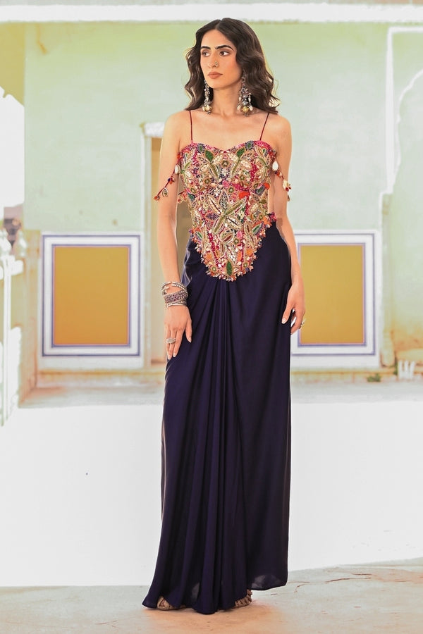 Juhi Bengani midnight blue satin cowl skirt with corset for a destination wedding reception