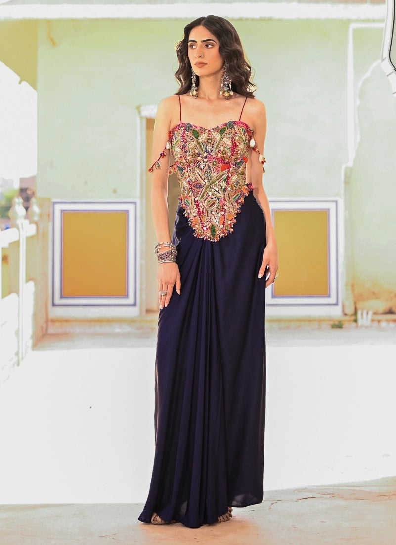 Midnight Blue Satin Cowl Skirt With Corset