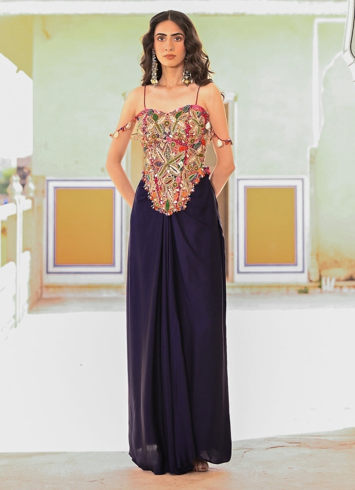 Midnight Blue Satin Cowl Skirt With Corset