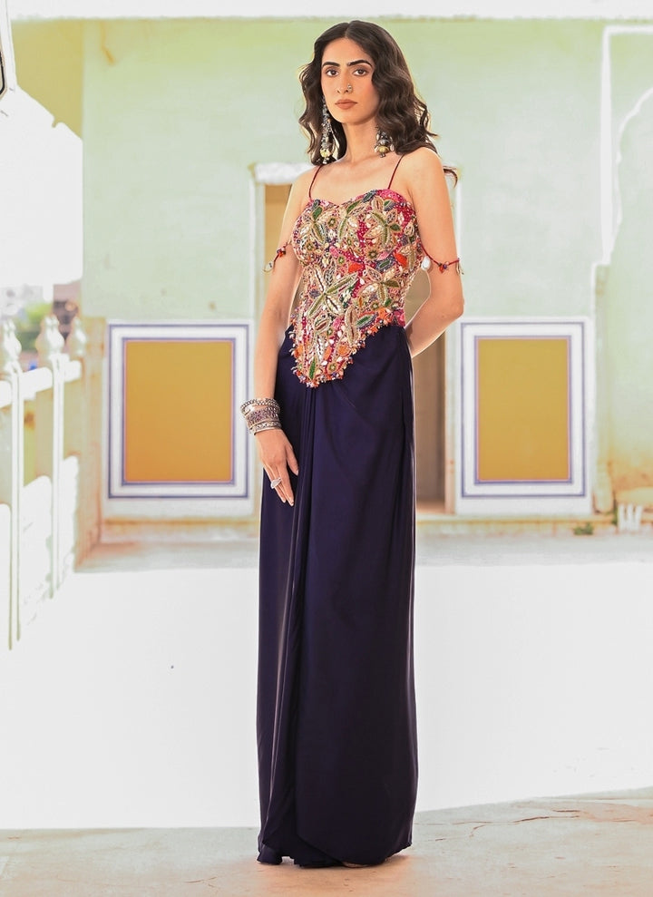 Midnight Blue Satin Cowl Skirt With Corset