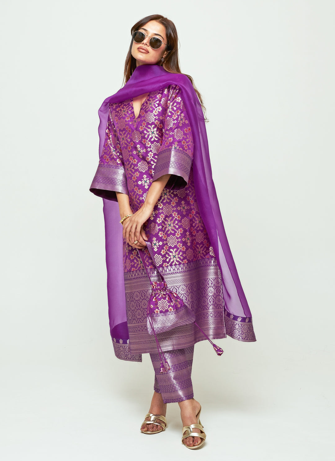 Purple Brocade Silk Long Kurta Pants Set