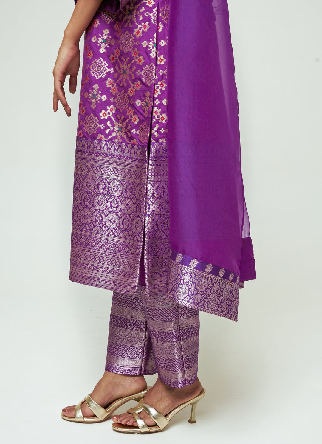 Purple Brocade Silk Long Kurta Pants Set