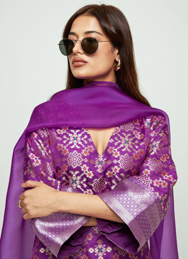 Purple Brocade Silk Long Kurta Pants Set