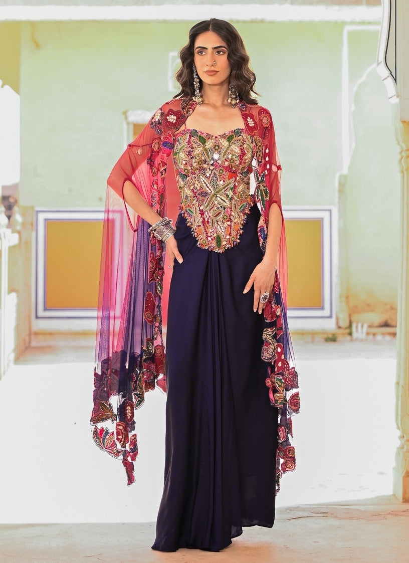 Midnight Blue Satin Cowl Skirt With Corset And Cape