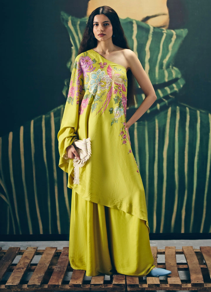 Yellow Silk One Shoulder Top And Pants Set