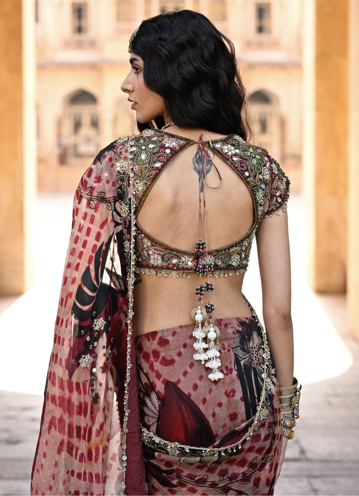 Red Printed Organza Pre-Draped Saree