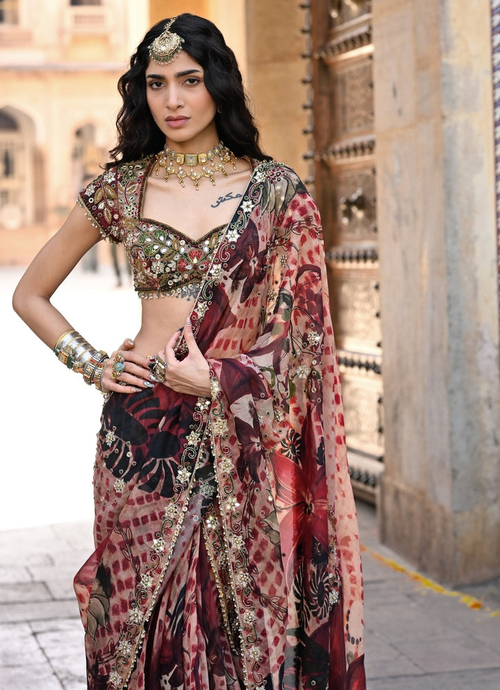 Red Printed Organza Pre-Draped Saree