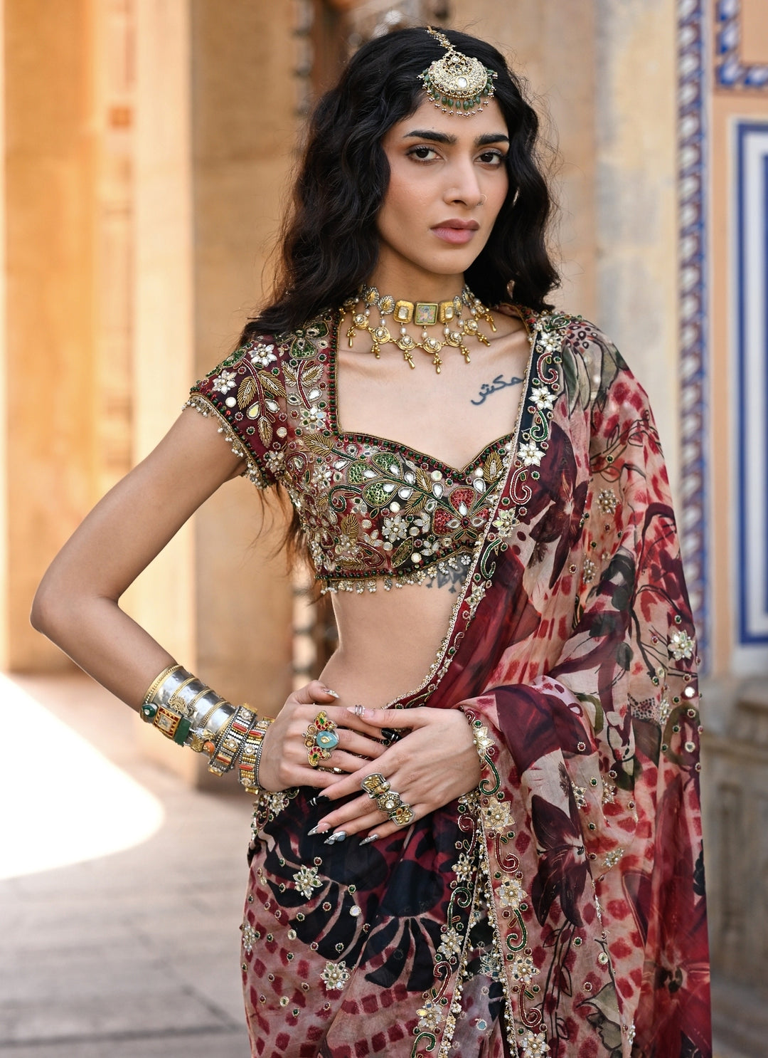 Red Printed Organza Pre-Draped Saree