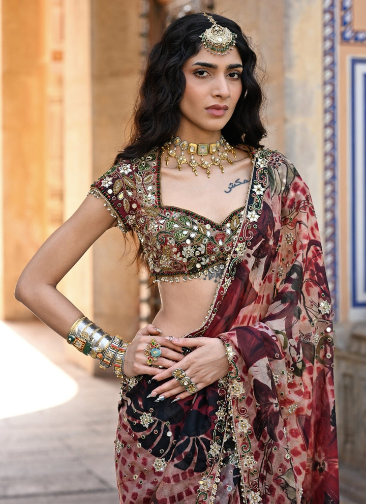 Red Printed Organza Pre-Draped Saree