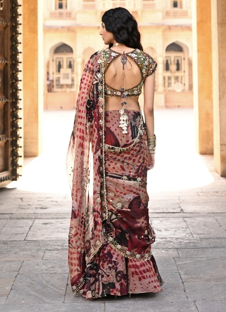 Red Printed Organza Pre-Draped Saree