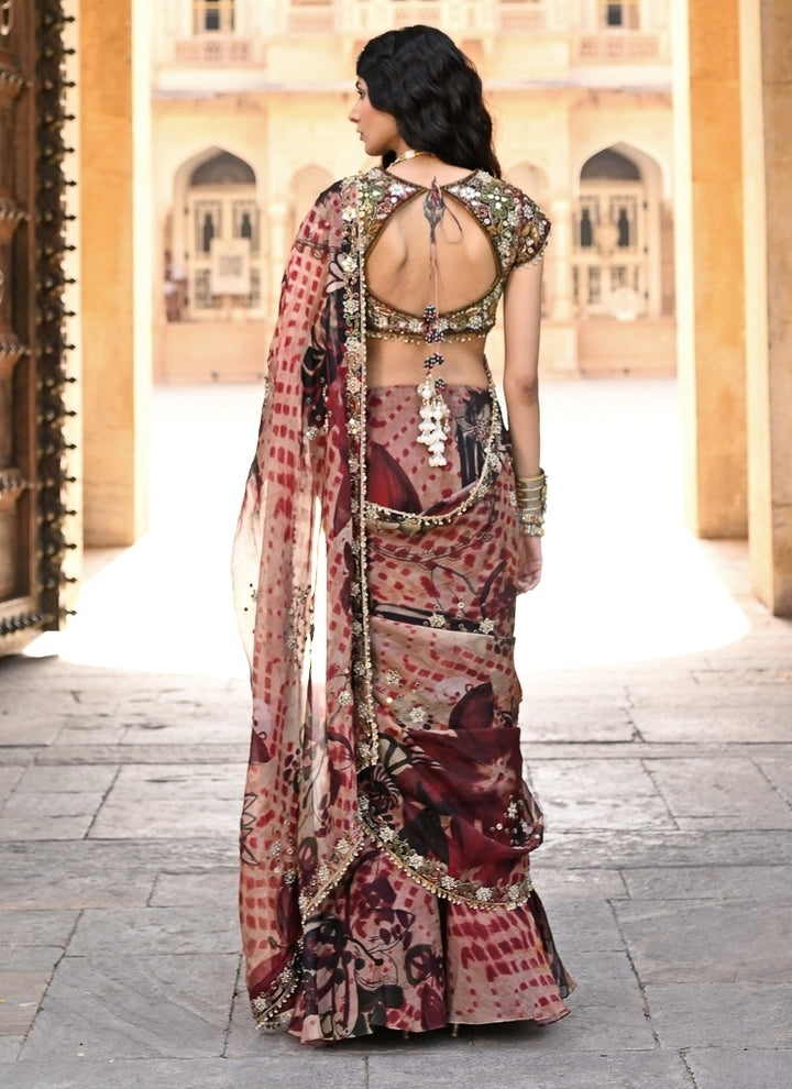 Red Printed Organza Pre-Draped Saree