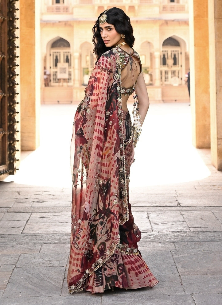 Red Printed Organza Pre-Draped Saree
