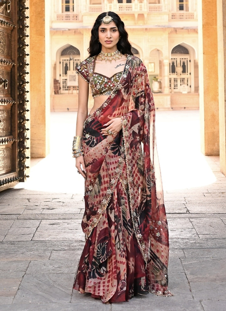 Red Printed Organza Pre-Draped Saree