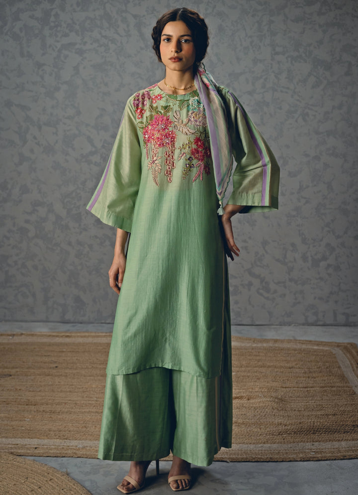 Blue Printed Silk Kurta Pants Set