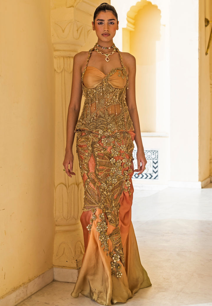 Coral Ombre Georgette Drape Skirt Set With Corset Belt
