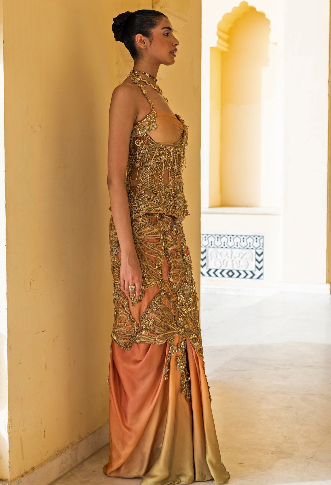Coral Ombre Georgette Drape Skirt Set With Corset Belt