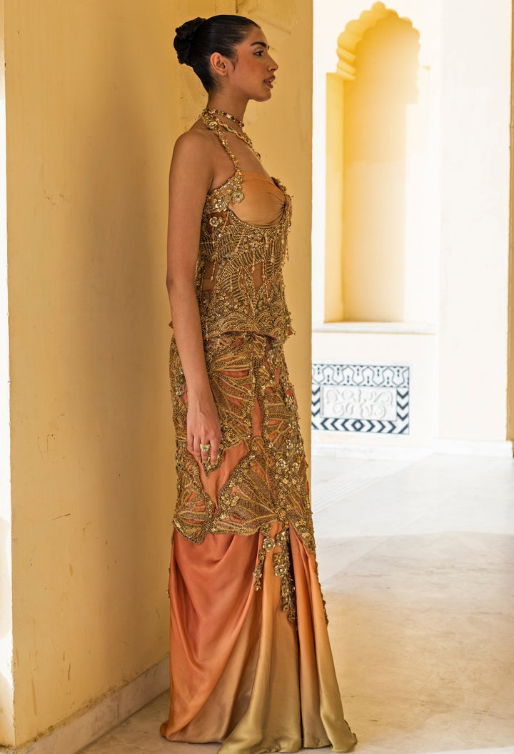 Coral Ombre Georgette Drape Skirt Set With Corset Belt