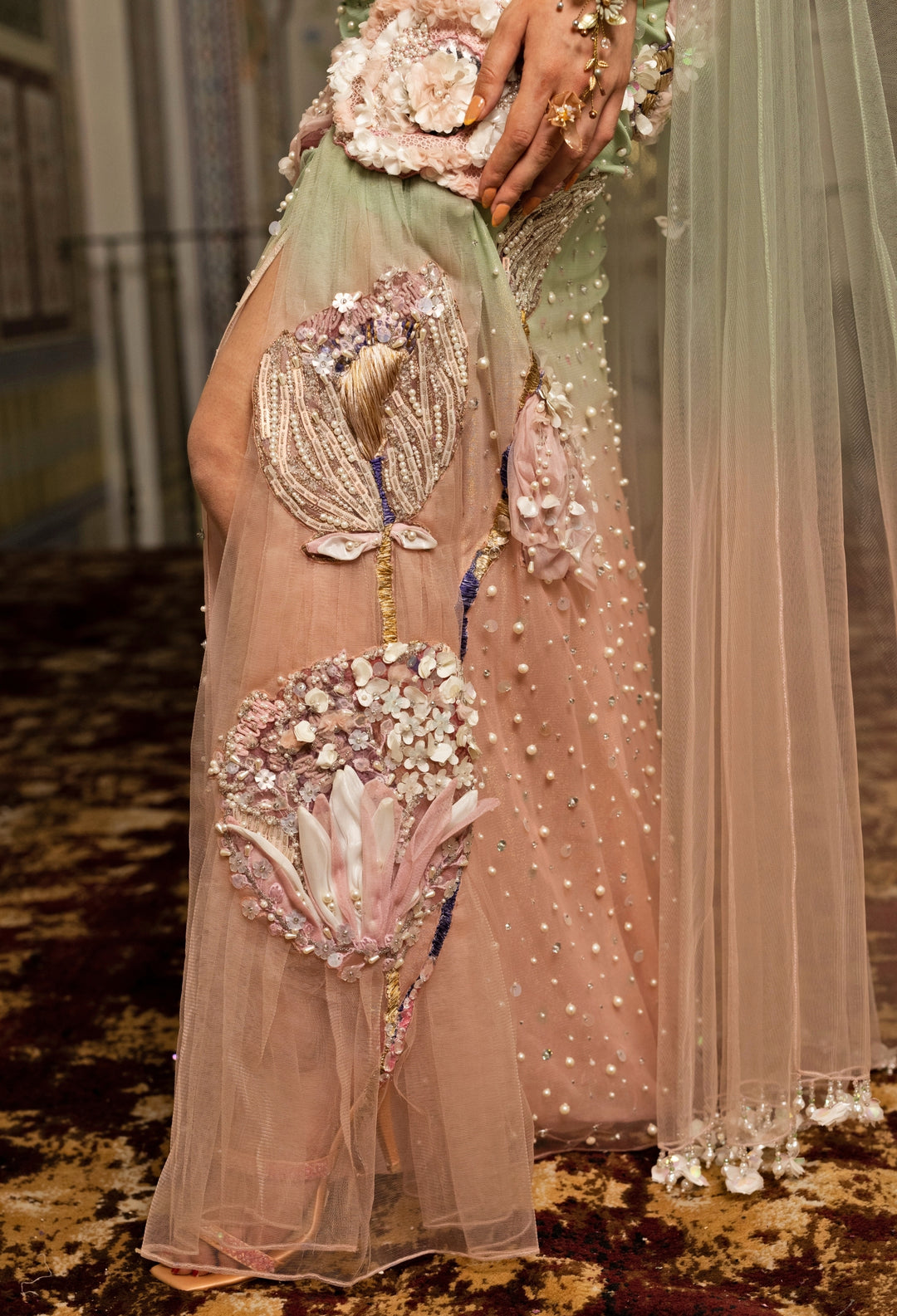 Green And Pink Embroidered Net Drape Gown