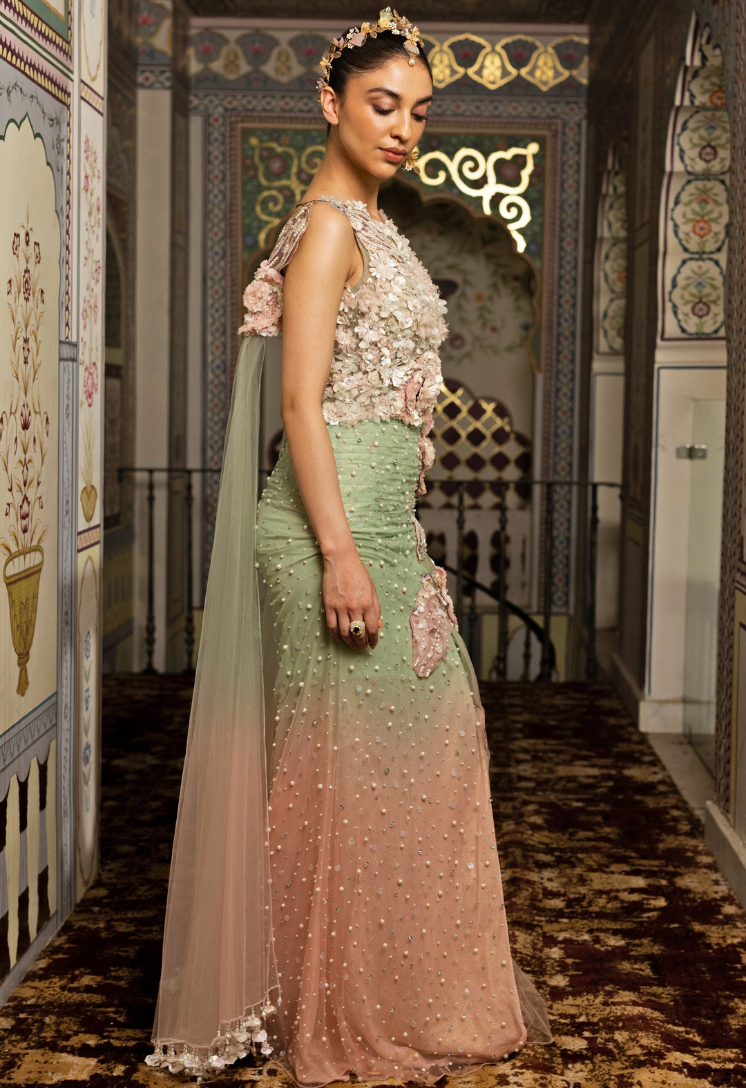 Green And Pink Embroidered Net Drape Gown