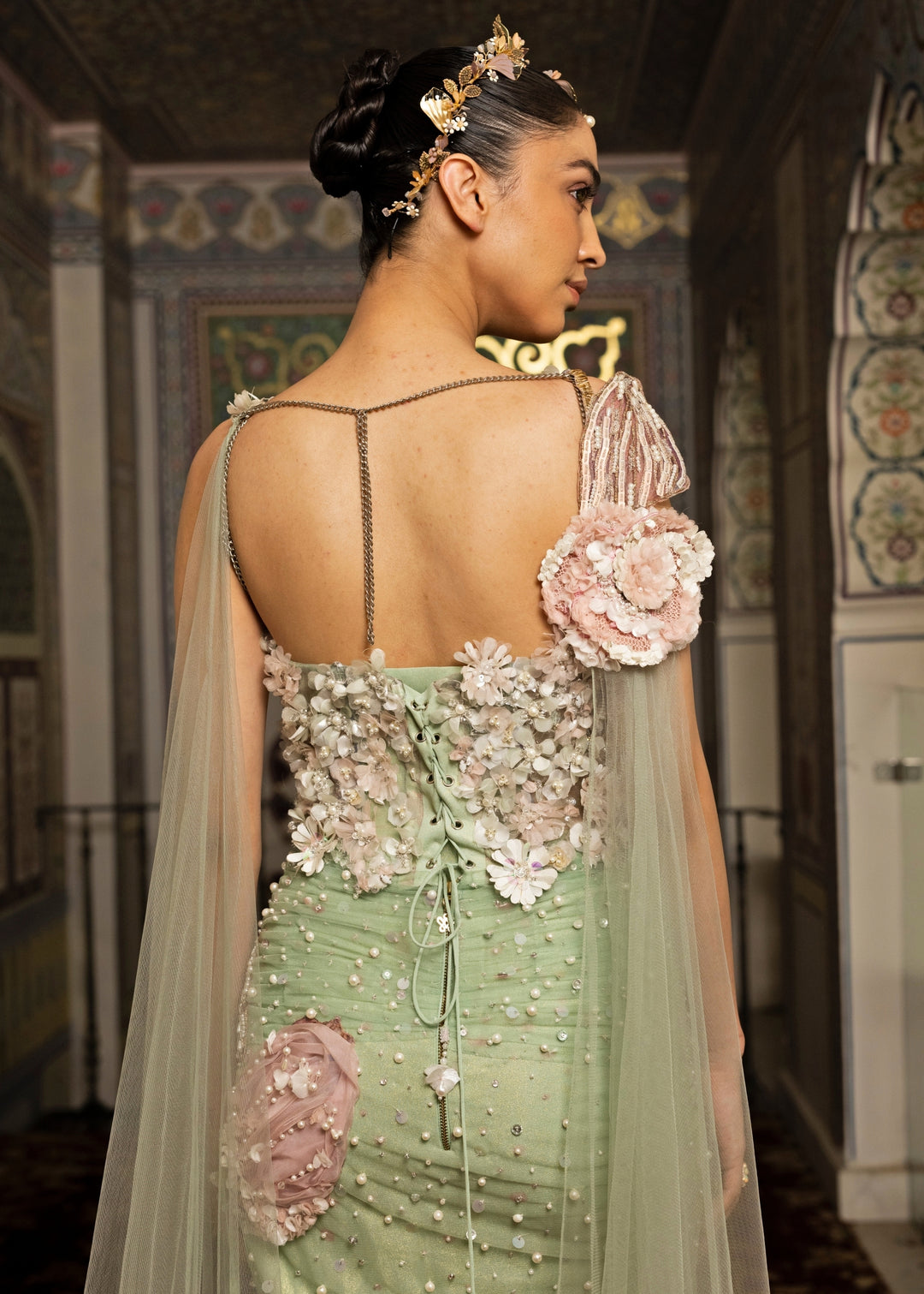 Green And Pink Embroidered Net Drape Gown
