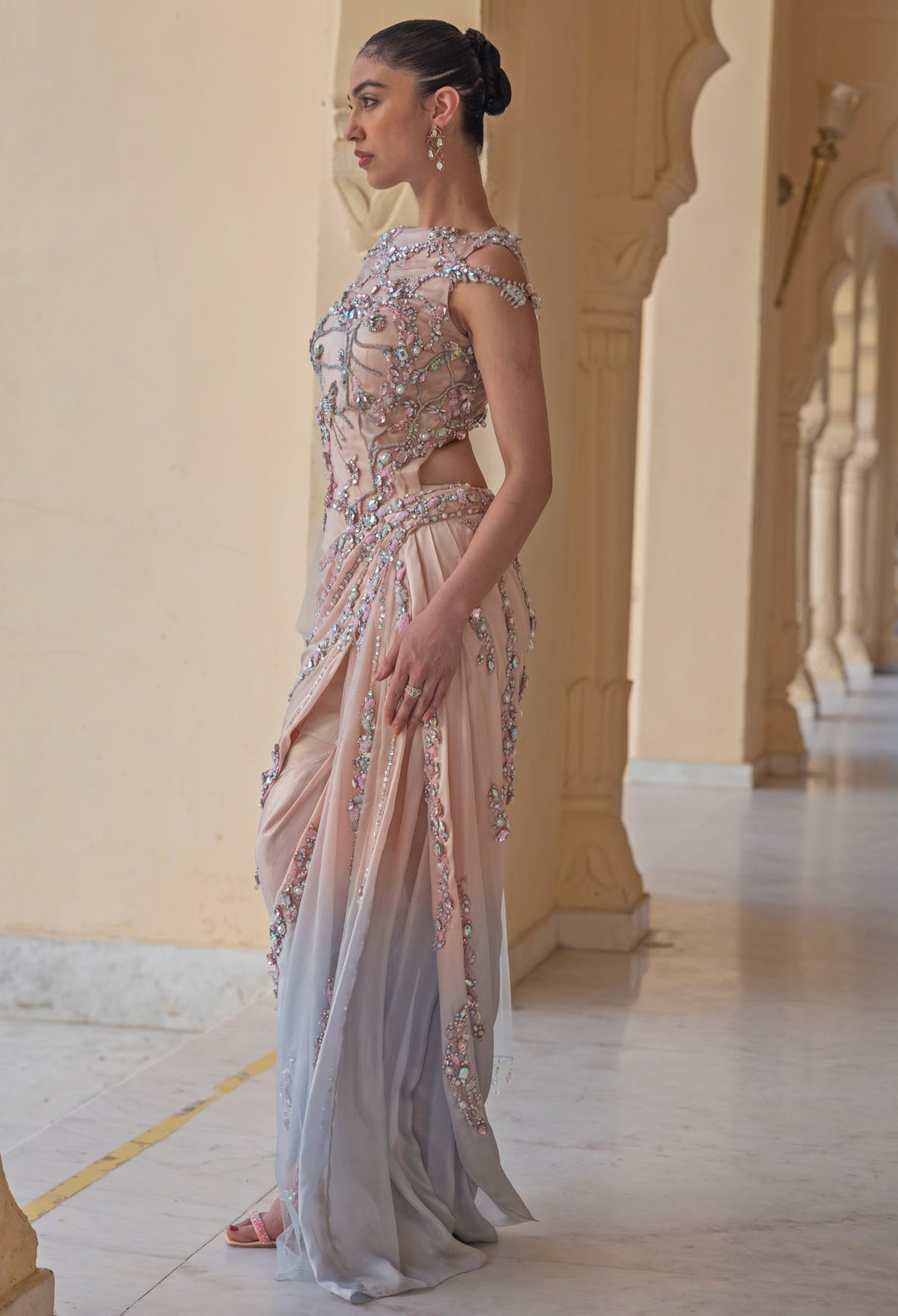 Pastel Pink And Blue Draped Georgette Gown