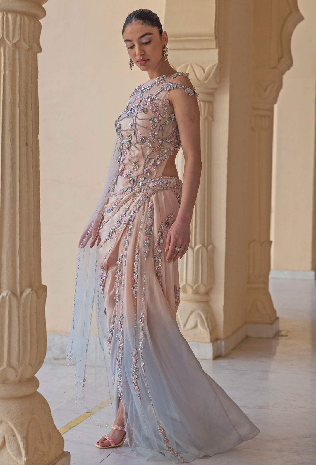 Pastel Pink And Blue Draped Georgette Gown