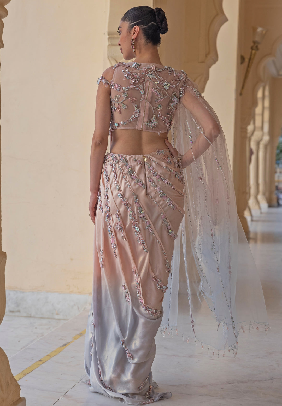 Pastel Pink And Blue Draped Georgette Gown