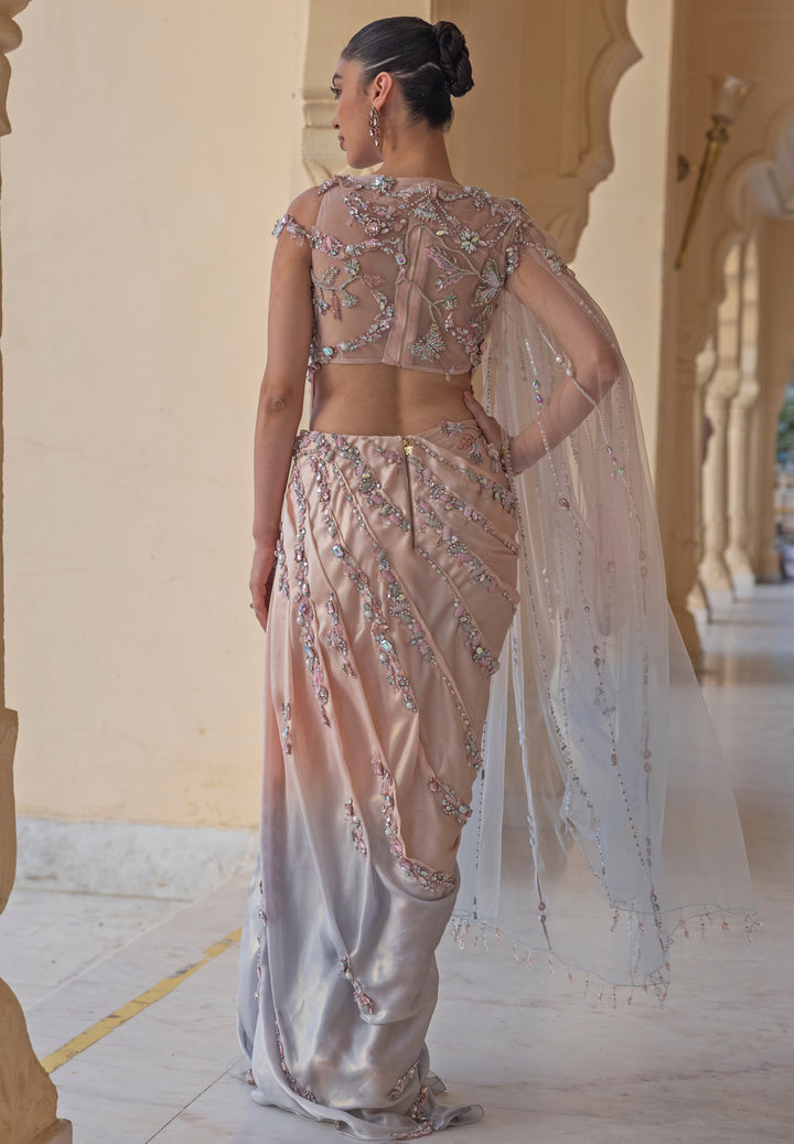 Pastel Pink And Blue Draped Georgette Gown