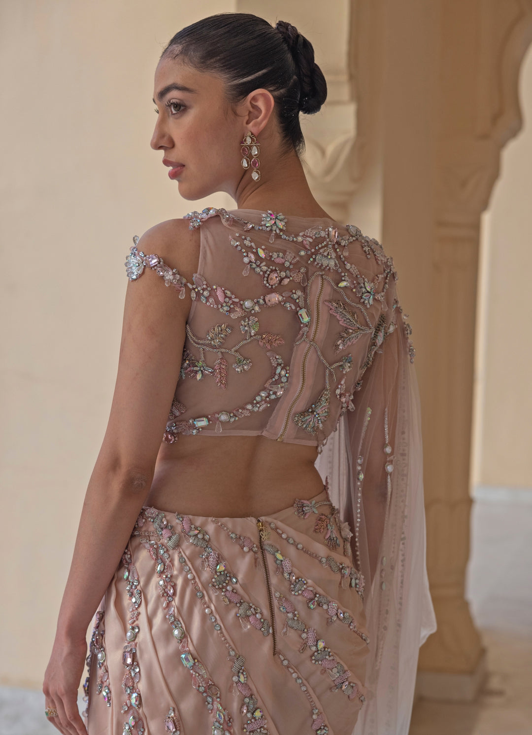 Pastel Pink And Blue Draped Georgette Gown