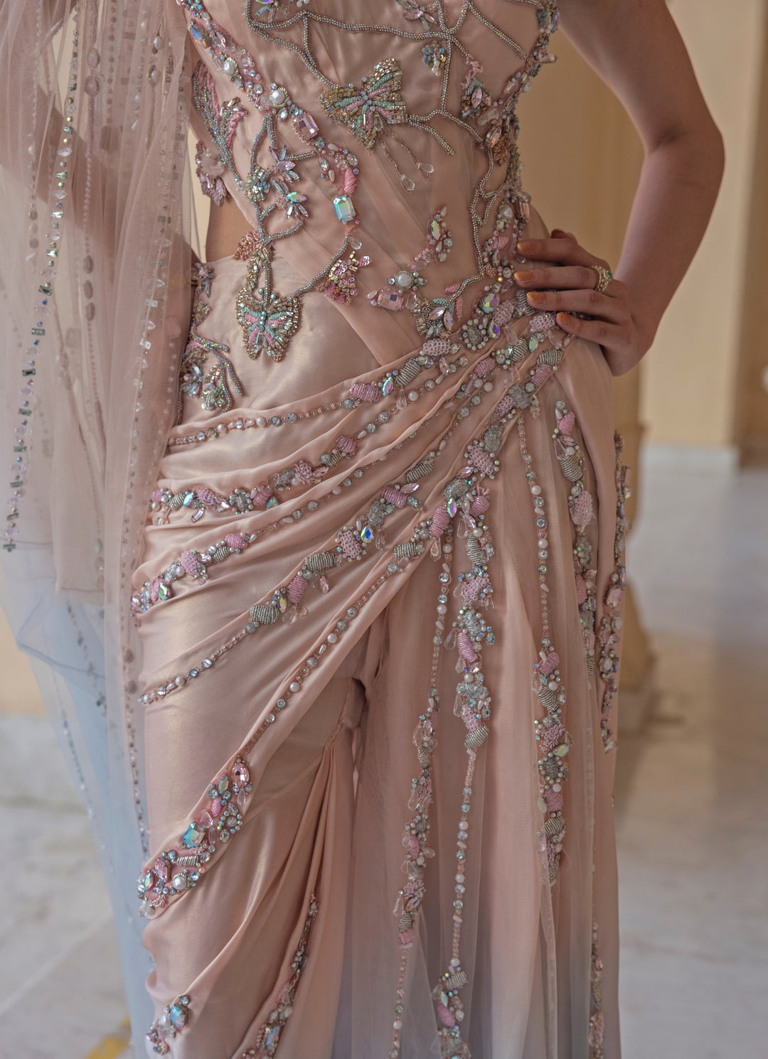 Pastel Pink And Blue Draped Georgette Gown