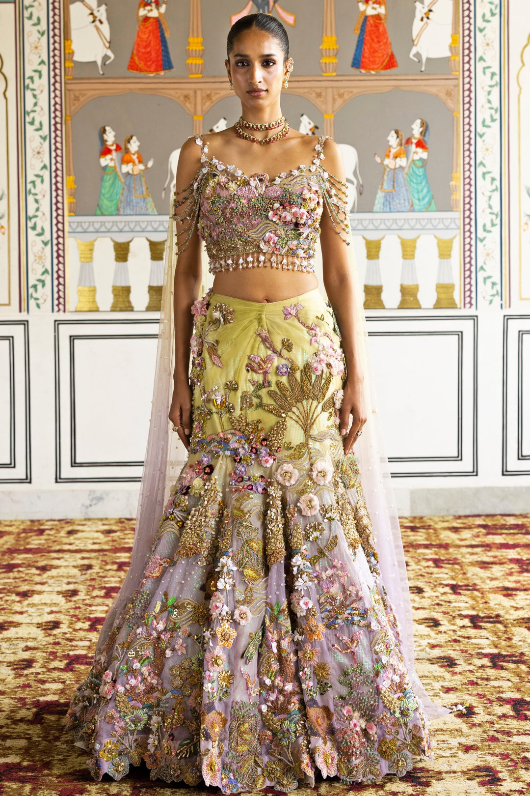 Lime Yellow And Lilac Organza Mermaid Lehenga Set