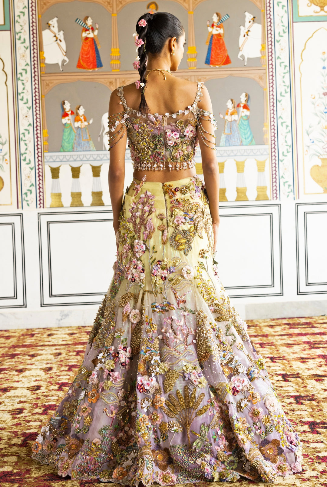 Lime Yellow And Lilac Organza Mermaid Lehenga Set