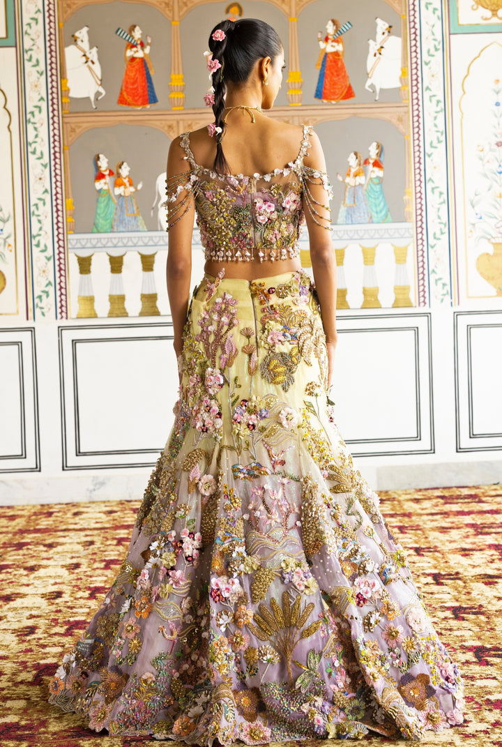 Lime Yellow And Lilac Organza Mermaid Lehenga Set