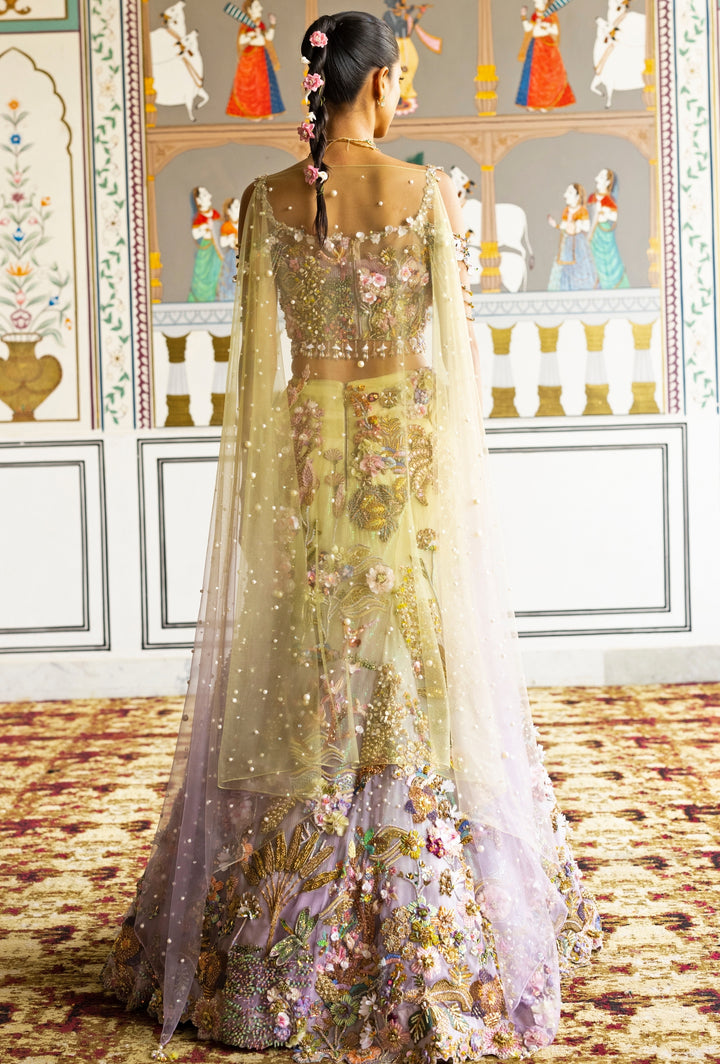Lime Yellow And Lilac Organza Mermaid Lehenga Set