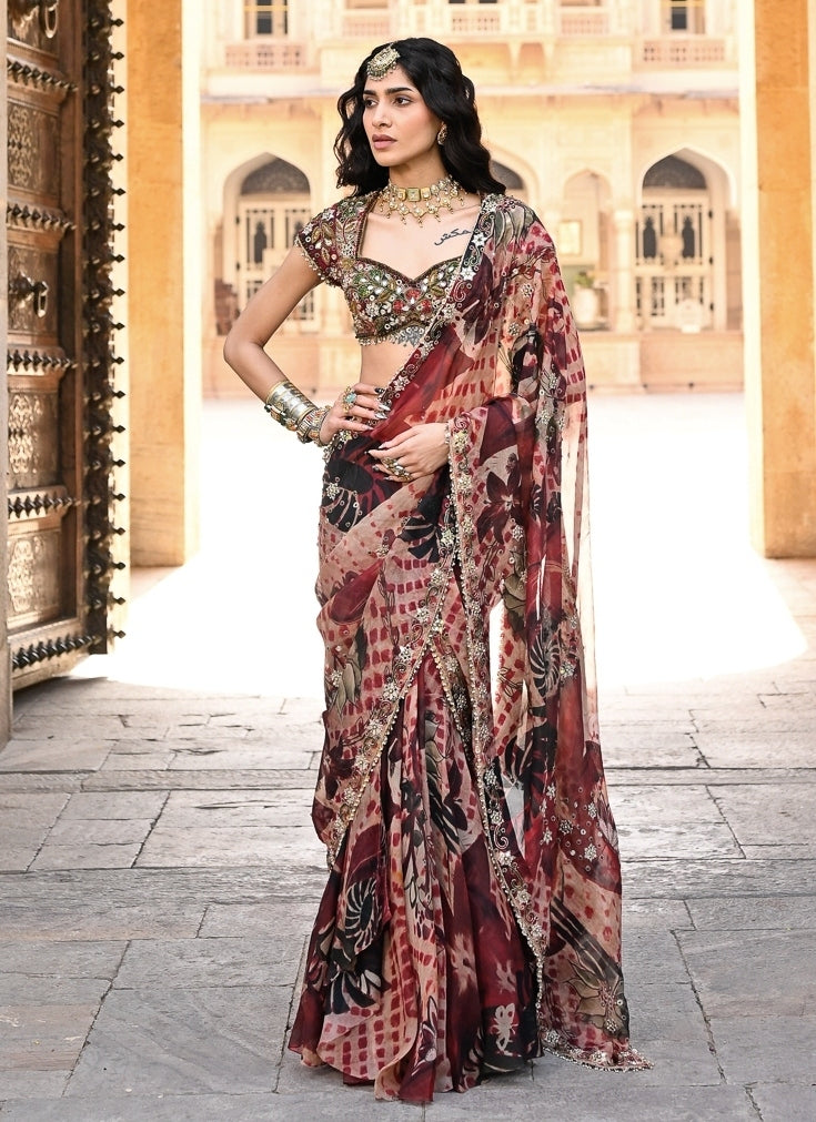 Red Printed Organza Pre-Draped Saree