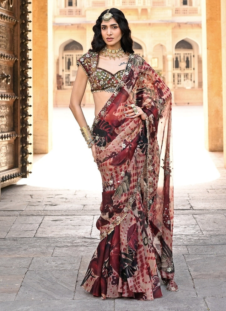 Red Printed Organza Pre-Draped Saree