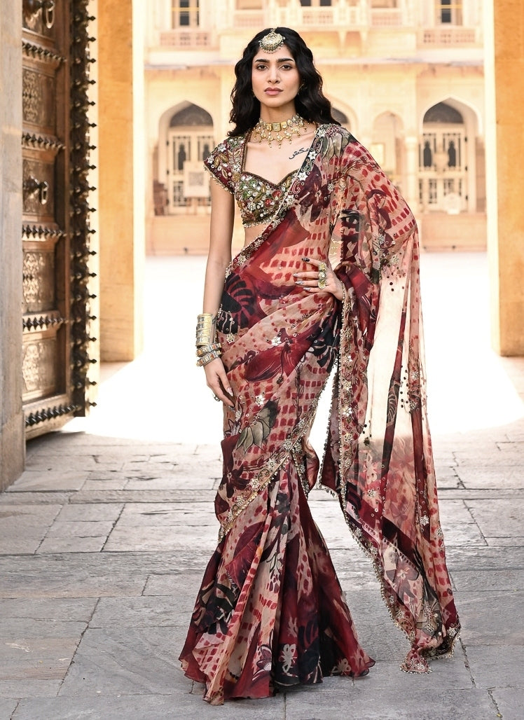 Red Printed Organza Pre-Draped Saree