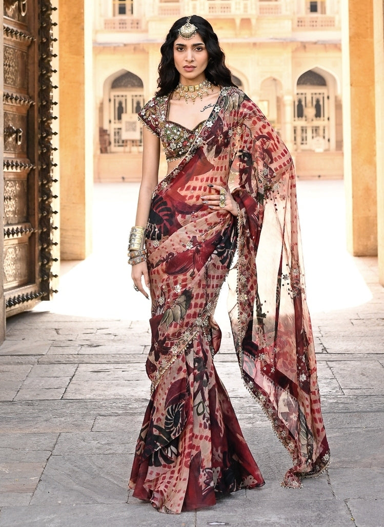 Red Printed Organza Pre-Draped Saree