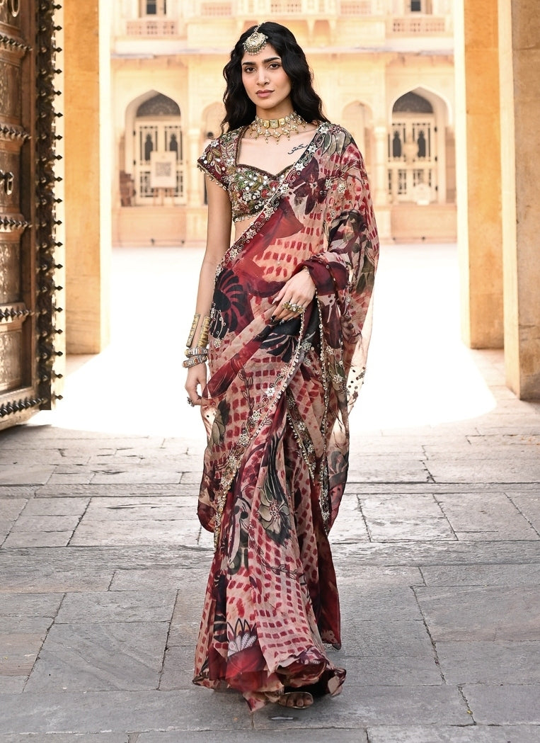 Red Printed Organza Pre-Draped Saree