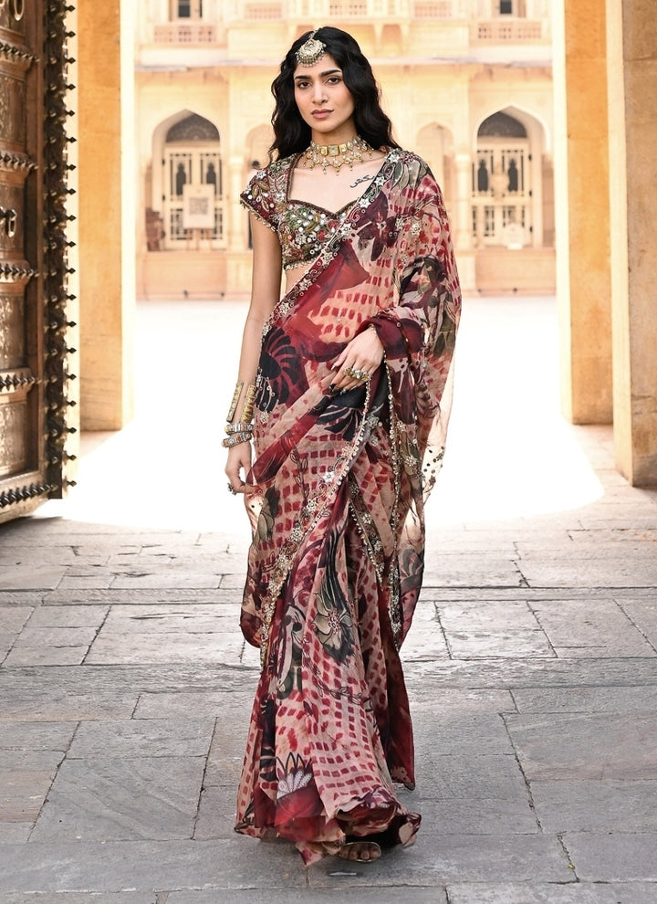 Red Printed Organza Pre-Draped Saree