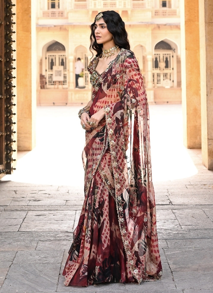 Red Printed Organza Pre-Draped Saree