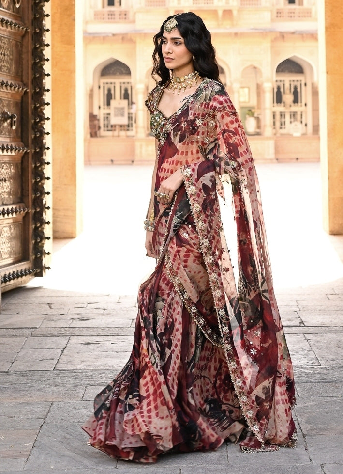Red Printed Organza Pre-Draped Saree
