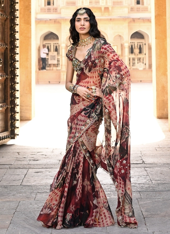 Red Printed Organza Pre-Draped Saree